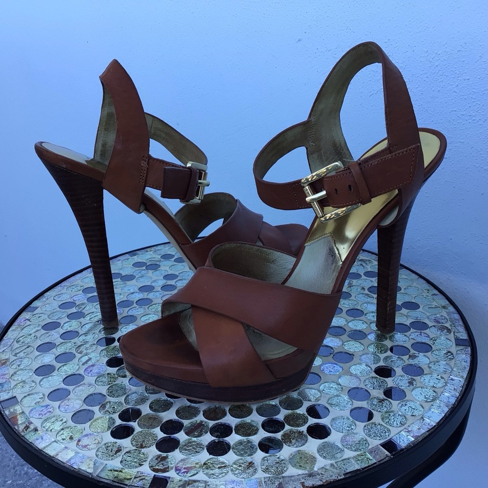 Michael Kors Women's Leather High Heeled Strappy Sandals with Signature Hardware - Picture 7 of 15